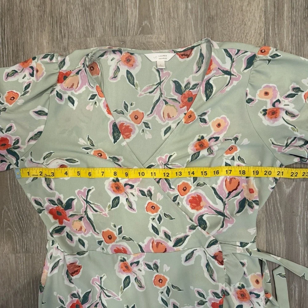 LC Lauren Conrad Size Large Sage Green Floral Faux-Wrap Midi Dress Cottagecore - Picture 11 of 15